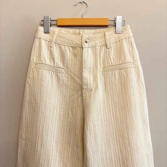 Cream & White Stripe Textured Wide Leg Denim Tailored Trousers - Picture 3 of 14